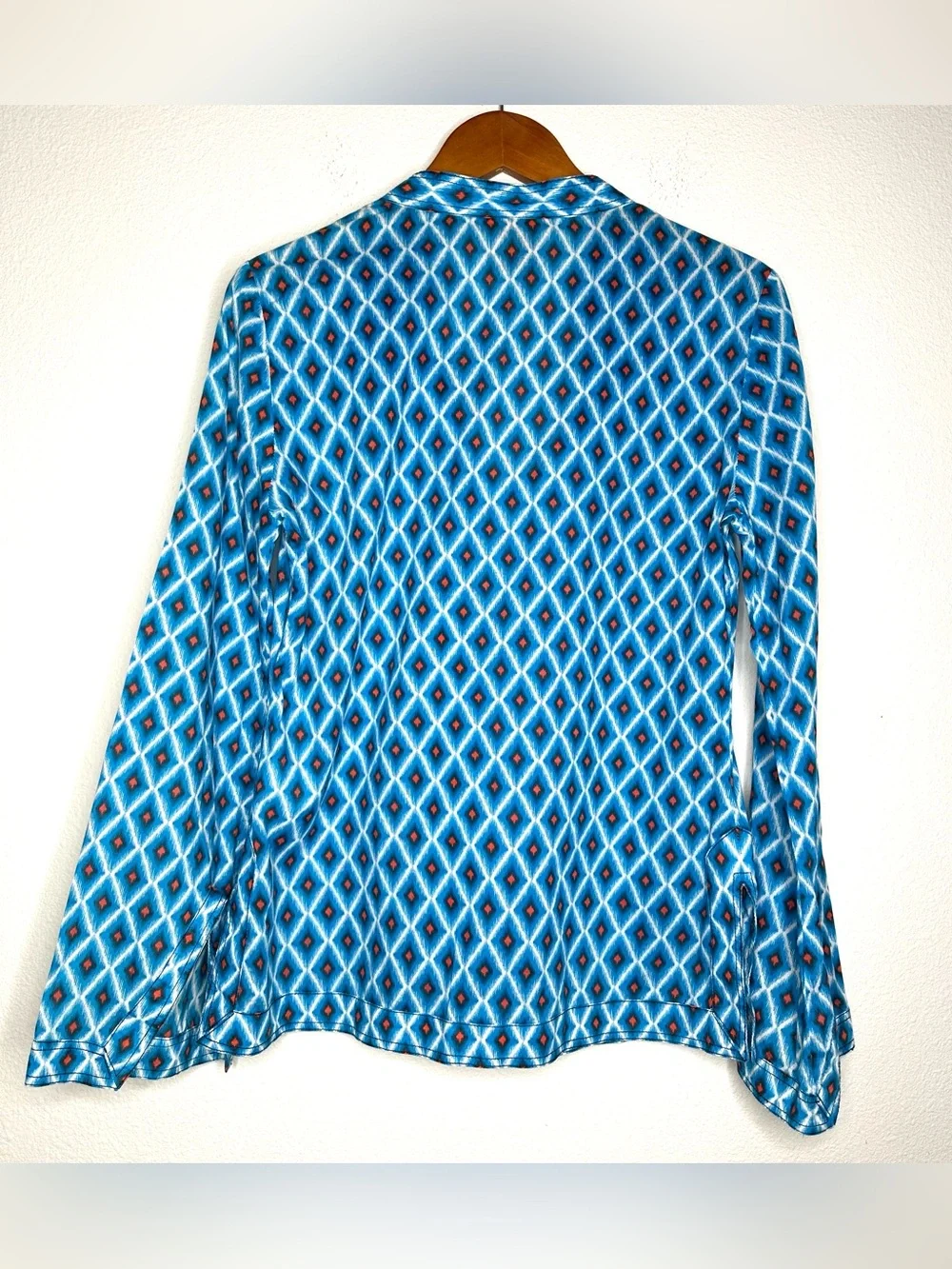 Tory Burch Blue Ikat Diamond Print Cotton Tunic Blouse 6 Long Sleeve Split neck